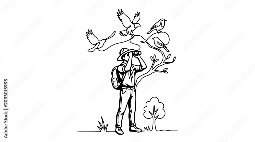 Obraz premium Birdwatcher with Binoculars Observing Birds in Nature - Line Art Illustration