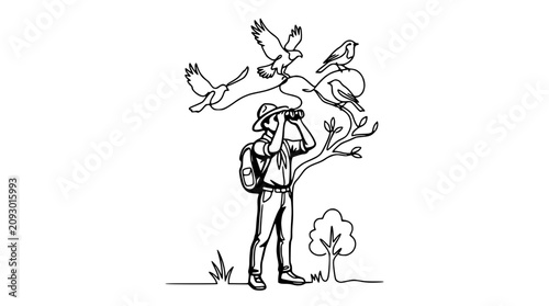 Foto Birdwatcher with Binoculars Observing Birds in Nature - Line Art Illustration