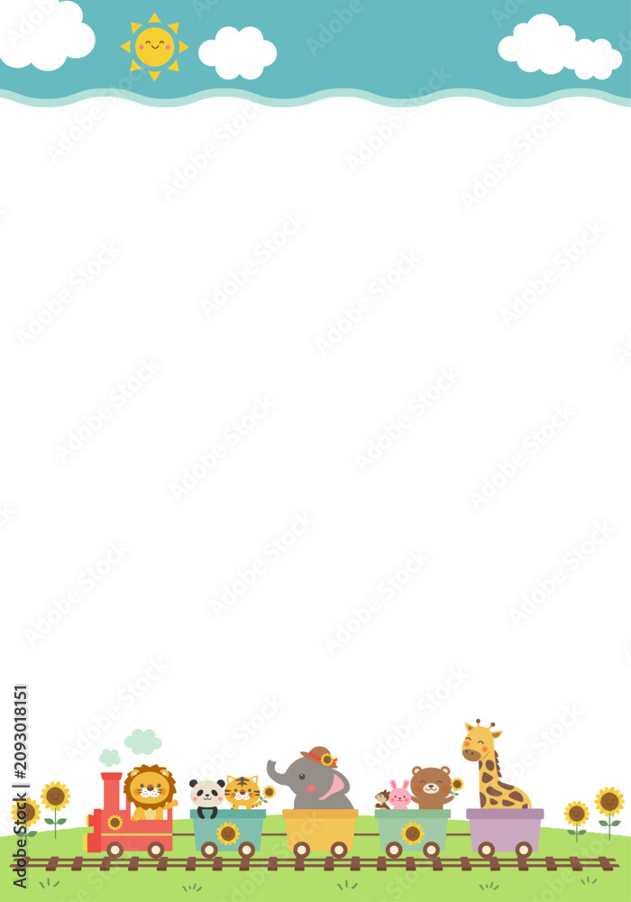 Fototapeta premium 【ベクター】動物汽車のひまわりフレーム（夏・縦長・カラフル・青空・手描き販促素材）
