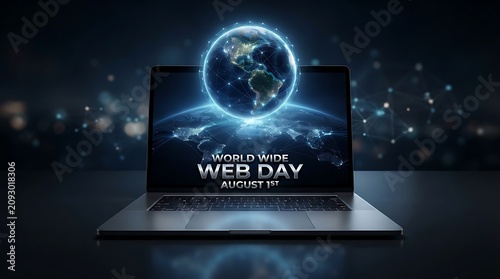 Laptop displaying world wide web day digital globe concept