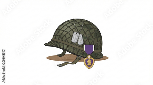 Фотография Illustration of a military helmet with dog tags and purple medal on white backgr