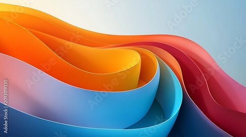Abstract Wave Form: A mesmerizing abstract composition featuring flowing, curved forms in vibrant hues of orange, yellow, blue, and red, creating a dynamic sense of movement and depth.
