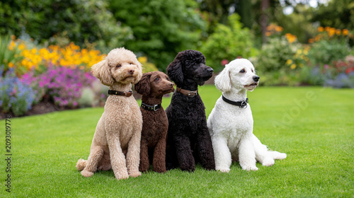 Toy Poodle Coat Color Variations Sitting Together in a Garden
