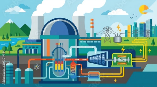 Nuclear power plant energy production process infographic illustration.