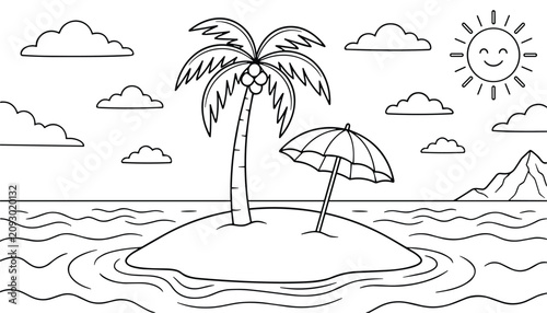 vector Tropical island with palm tree and umbrella in ocean vector illustration for kids coloring page