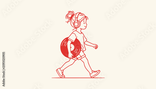 vector Girl walking while listening to music with headphones and holding vinyl record isolated on background