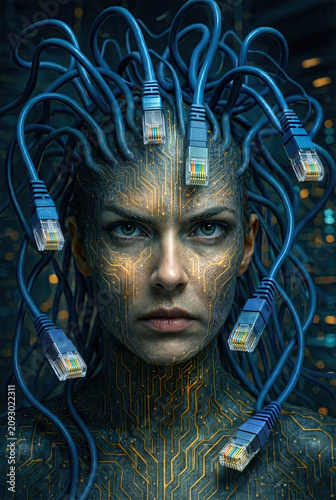 Portrait of Serious Cyborg Woman with Network Cables as Hair and Glowing Circuit Skin