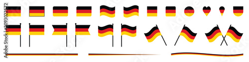 Germany Flag Germany National Flag Icon Set Collection with Rectangle Rounded Waving Circle Heart Map Pin Shield and Flagpole Vector Illustration