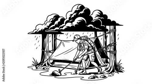 Tableau sur toile Scout setting up temporary shelter under stormy clouds and rain, wilderness surv