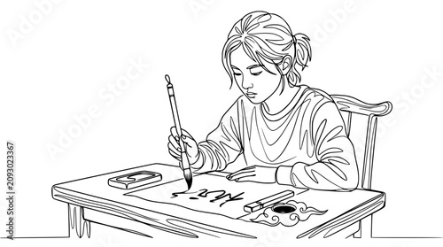 Young girl practicing traditional calligraphy with brush and ink on paper, focused expression, desk setup