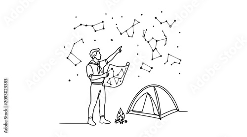 Man studying constellations with map, camping under starry night sky