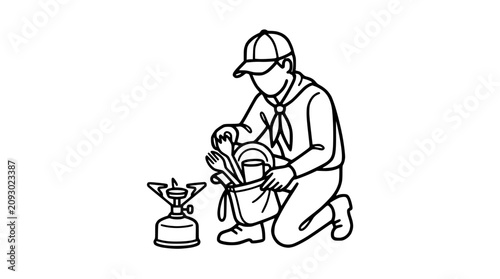 Scout Preparing Camp Meal with Portable Stove and Utensils, Outdoor Cooking Illustration
