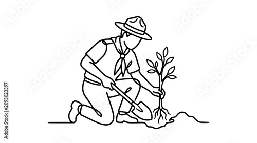 Scout Planting Tree, Line Art Illustration, Environmental Care, Nature Conservation