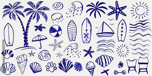 hand drawn blue summer beach doodles on white background palm tree surfboard shell ice cream starfish umbrella