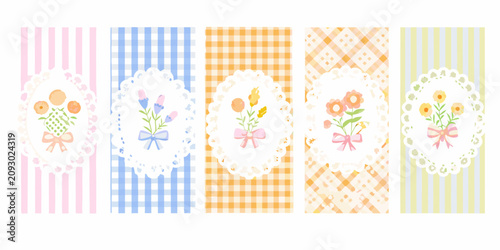 five vintage floral cards with lace borders and pastel patterns stripes checks bows flowers greeting illustration vector