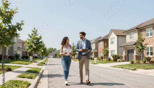 Residential street real estate agent young adult man woman walking talking clipboard tablet suburban house neighborhood sidewalk driveway lawn tree clear sky sunny day home sale property housing