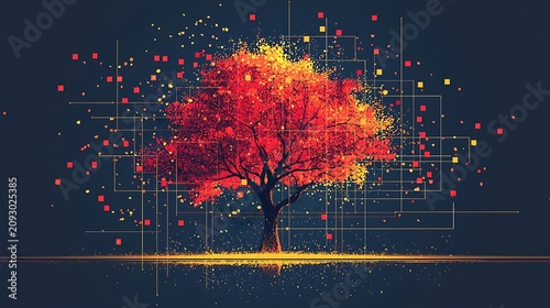Tree of Knowledge and Growth: A vibrant, stylized tree with fiery red and golden leaves stands as a symbol of growth and knowledge.
