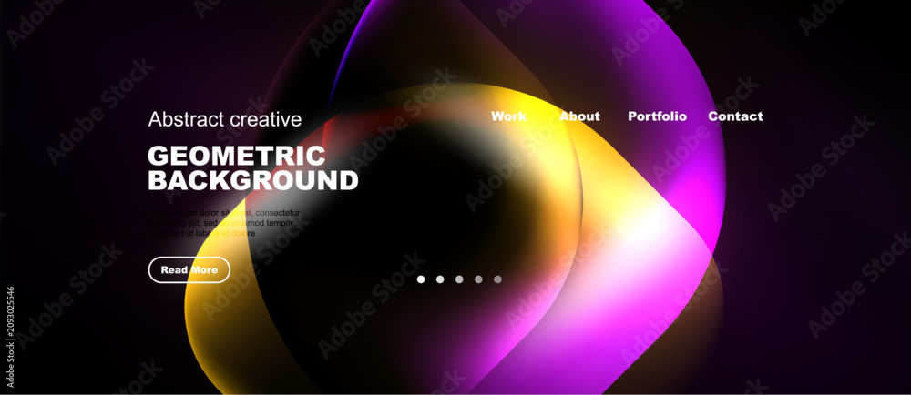 Naklejka premium Abstract geometric background features vibrant colors, gradients. Website header includes navigation options, text elements. Dark backdrop enhances visual impact.