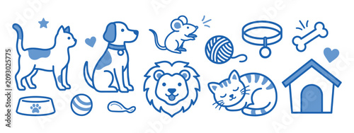 Obraz na plátně Pet Supplies And Animals A Collection Of Blue Line Illustrations feline