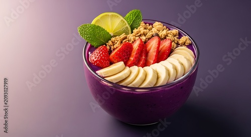 Healthy Acai Berry Smoothie Bowl Topped With Fresh Fruit And Granola.
