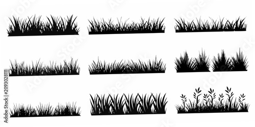 Fotografía Black Silhouette Grass Illustrations Collection On White Background