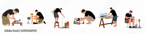 Bild auf Leinwand A series of illustrations showing male artists and technicians working on stop-motion animation projects, creating miniature sets, and adjusting puppets for film production