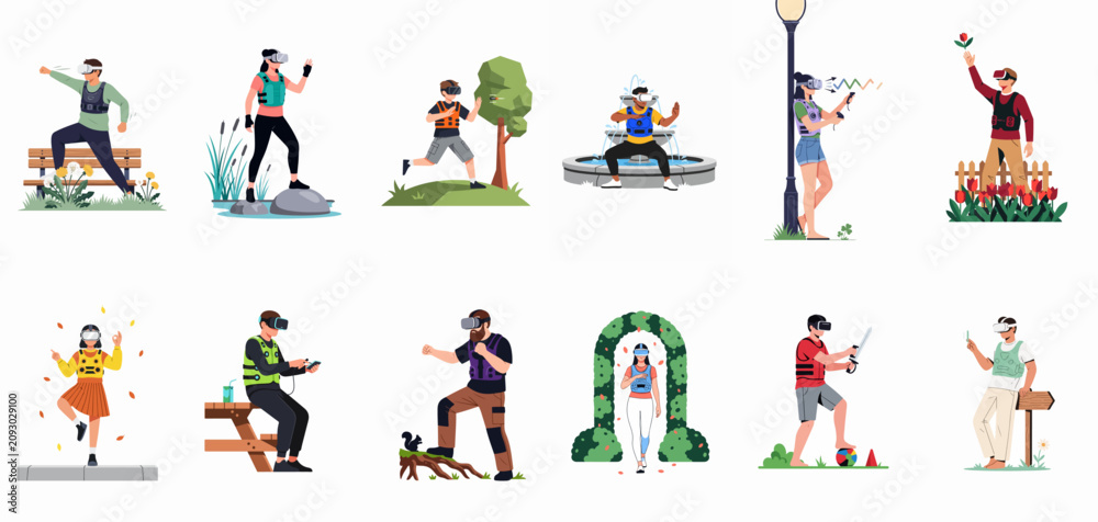Fototapeta premium A collection of diverse people wearing VR headsets and haptic vests, experiencing immersive virtual reality in various outdoor settings and scenarios.