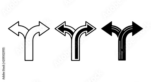 Decision Point Arrows, Fork in the Road Icons, Crossroads Vector Symbols for Choice and Direction