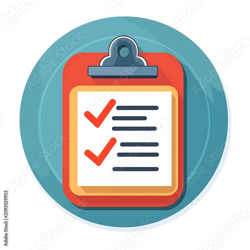 Checklist Clipboard Icon: A bright and clear illustration of a clipboard with a document displaying two red checkmarks, symbolizing completion and task management.