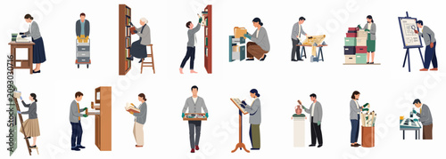 фотографія Set of diverse characters performing archivist and librarian duties, including document preservation, research, and organizing historical materials in a flat illustration style