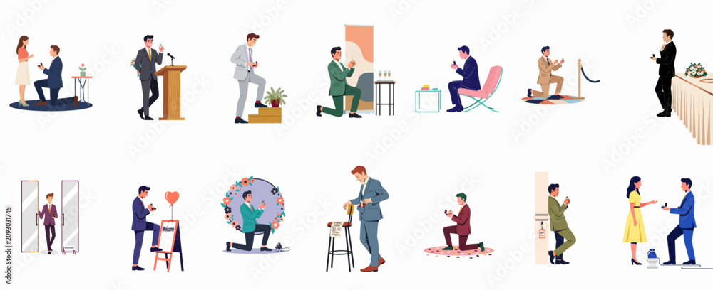 Fototapeta premium Collection of flat illustrations showing men in suits proposing with engagement rings in various romantic settings and scenarios.