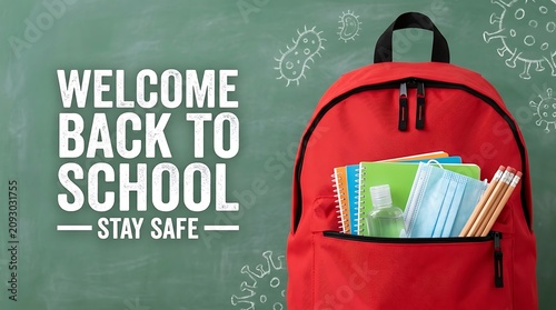 Red backpack with school supplies and face mask on green chalkboard background  welcome back to school
