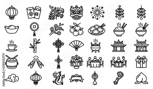 Traditional Chinese New Year Linear Outline Icons Set Editable Vector on White