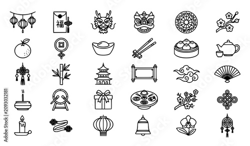 Lunar New Year Outline Line Icons Collection for Web UI and Print Vector