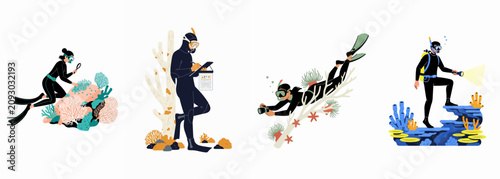 Konstfotografi Set of vector illustrations featuring marine biologists and scuba divers exploring coral reefs, conducting research, and photographing underwater sea life on white background