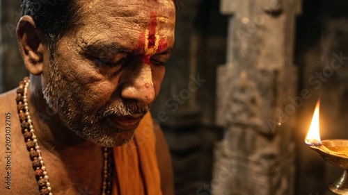Hindu Devotee Applying Tilak during Temple Ritual, Illuminating Spiritual Practice with Oil Lamp