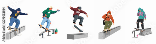 Foto Collection of Five Skateboarders Performing Various Dynamic Tricks and Stunts on