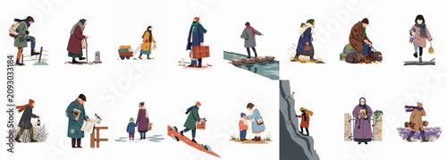 Photos Collection of illustrations portraying the journey of refugees and migrants, featuring people of all ages overcoming obstacles, carrying belongings, and seeking safety