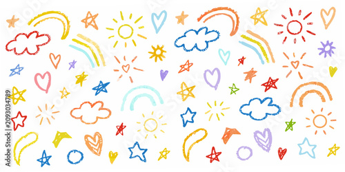 Quadro su tela Colorful crayon drawing pattern of stars hearts rainbows and suns