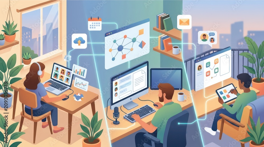 Fototapeta premium Diverse team working remotely on collaborative digital projects using modern technology.