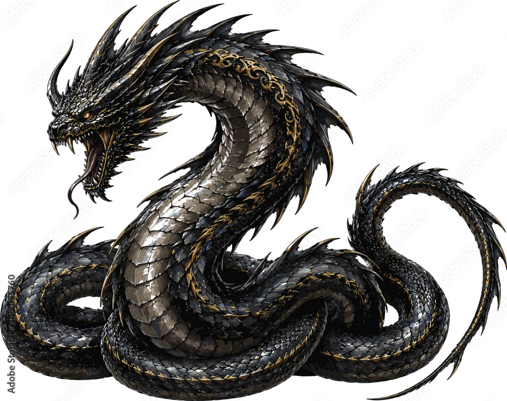 Fototapeta premium Coiled Black Dragon Illustration Featuring Ancient Mythical Serpent, Dark Fantasy Creature and Epic Tattoo Style Vector Design