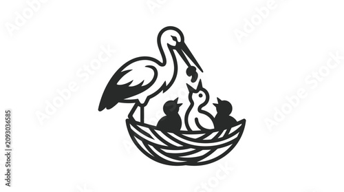 Εκτύπωση καμβά Stork standing in nest with babies.