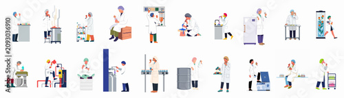 Foto Set of food scientists and laboratory technicians in white coats conducting research, testing samples, and working in various food production and lab environments