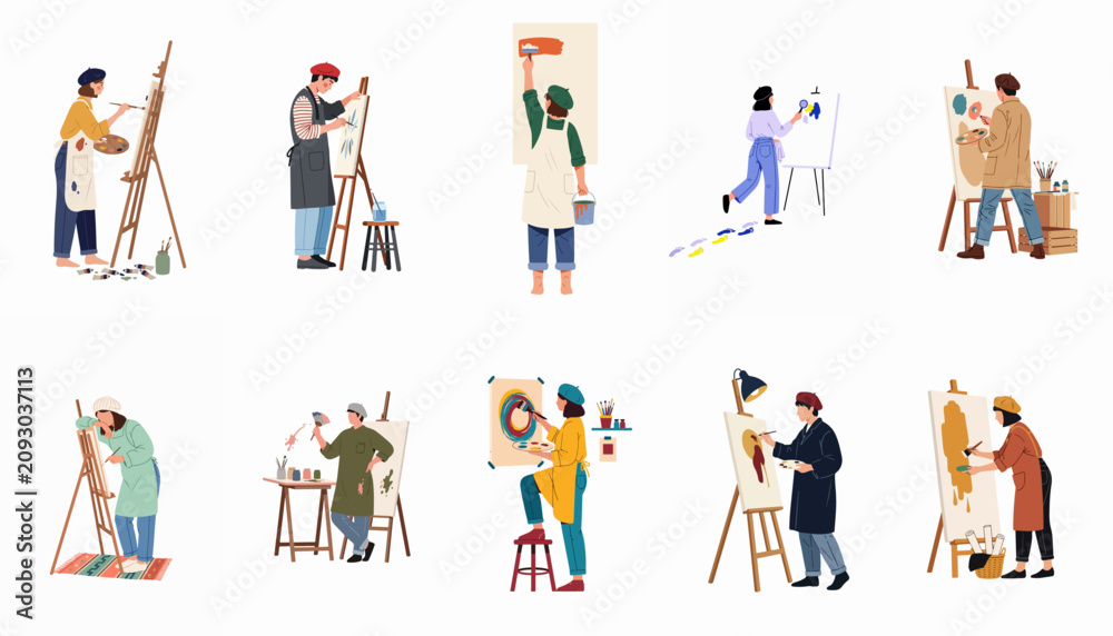 Fototapeta premium Collection of diverse artists and painters working on various canvases with palettes and brushes, set of flat vector illustrations on white background.