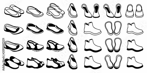 Photos diverse shoe and footwear icon set displayed in black and white vector style sne