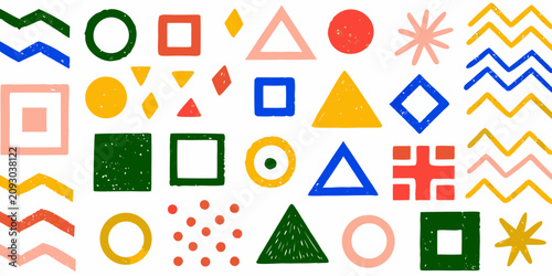 hand drawn geometric shapes on white background circles triangles squares diamonds stars zigzags dots pattern vector illustration