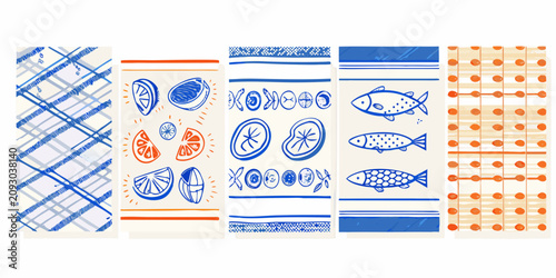 retro style seafood and citrus illustrations on striped backgrounds fish lemon orange pattern vector graphic design food