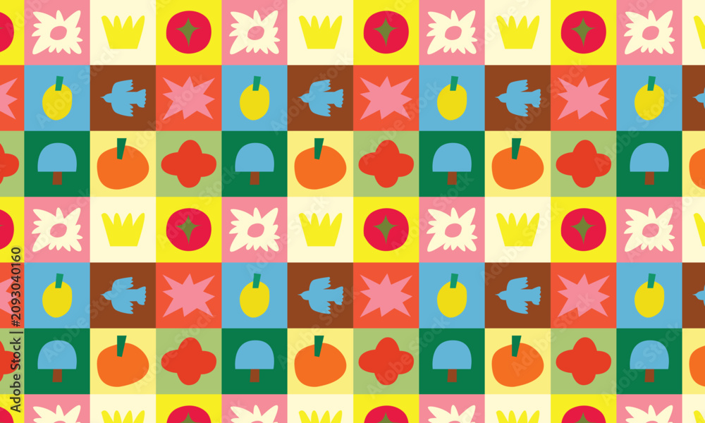 Fototapeta premium Colorful checkerboard geometric seamless pattern with cute hand drawn elements