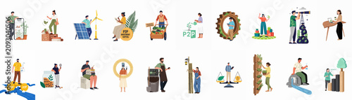 Φωτογραφία Set of 18 flat vector illustrations showcasing sustainable living, green energy, P2P investment, environmental care, and social responsibility for a greener future