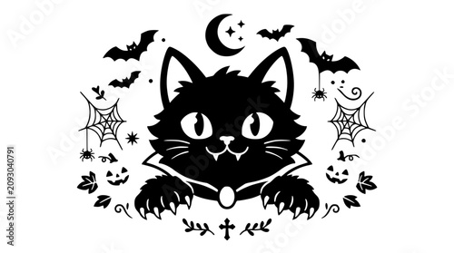Obraz na płótnie Cute Halloween Vampire Cat Cartoon Vector with Black Kitty Face for Greeting Car